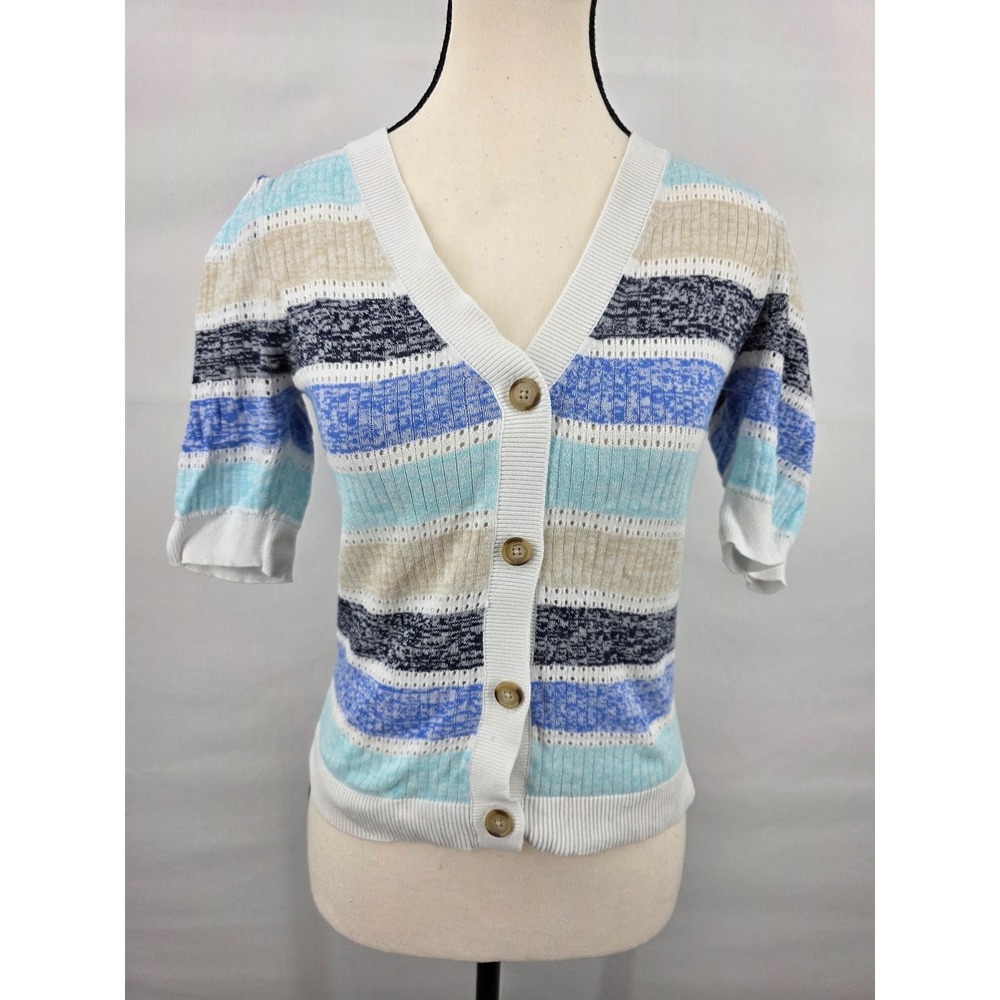 LOFT Womens XS Blue Striped Short Sleeve V-Neck Button Front Cardigan Sweater
